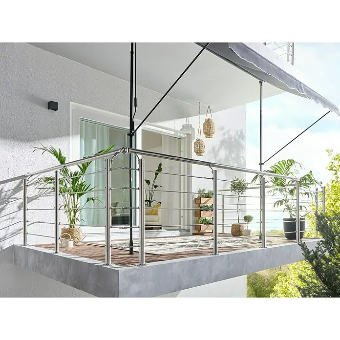 Treba Frewa Juego de barandilla - Montaje sobre suelo, Acero inoxidable V2A, Plateado, Largo: 150 cm - Barandilla de balcón de acero inoxidable en un balcón moderno, que proporciona seguridad y un aspecto elegante.