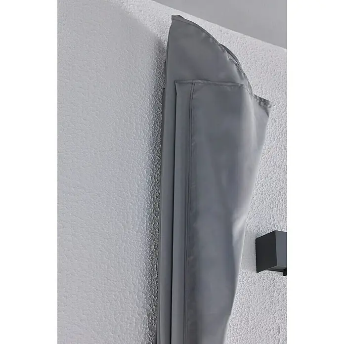 Sunfun Balkonfächer - Grau, 1,4 x 1,4 m - Grau, ordentlich gefalteter Vorhang aus strapazierfähigem, geripptem Stoff.