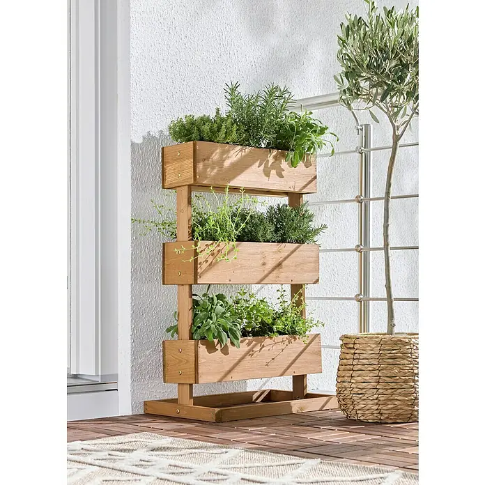 Dobar Hochbeet - L x B x H: 49,5 x 30 x 78 cm, Holz, Braun - Hölzernes, gestuftes Kräuterregal mit verschiedenen Kräutern, auf einem Balkon neben einem Olivenbaum.