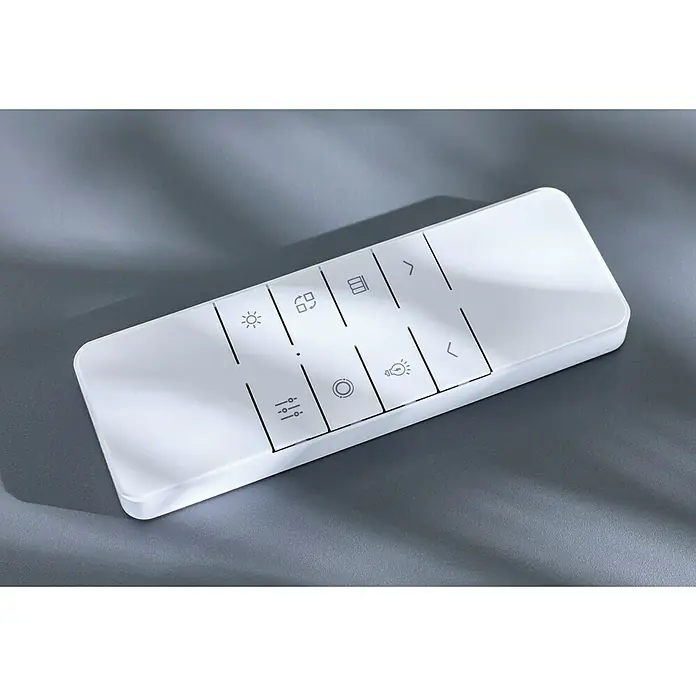 Sunfun LED-Vollkassettenmarkise - Anthrazit, Breite: 3 m, Ausfall: 2 m - Weiße Smart-Home-Fernbedienung mit Symbolen für Helligkeit, Modi, Jalousien, Navigation, Einstellungen und Beleuchtung.
