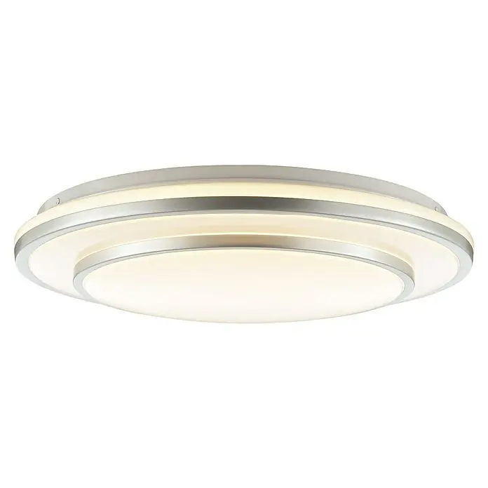 Brilliant LED-Deckenleuchte rund Luciano - 25 W, Ø x H: 39 x 7,8 cm, Weiß, Neutralweiß - Geschichtete LED-Deckenleuchte mit silberfarbenen Ringen und weißen Diffusoren, die warmes Licht abstrahlt.