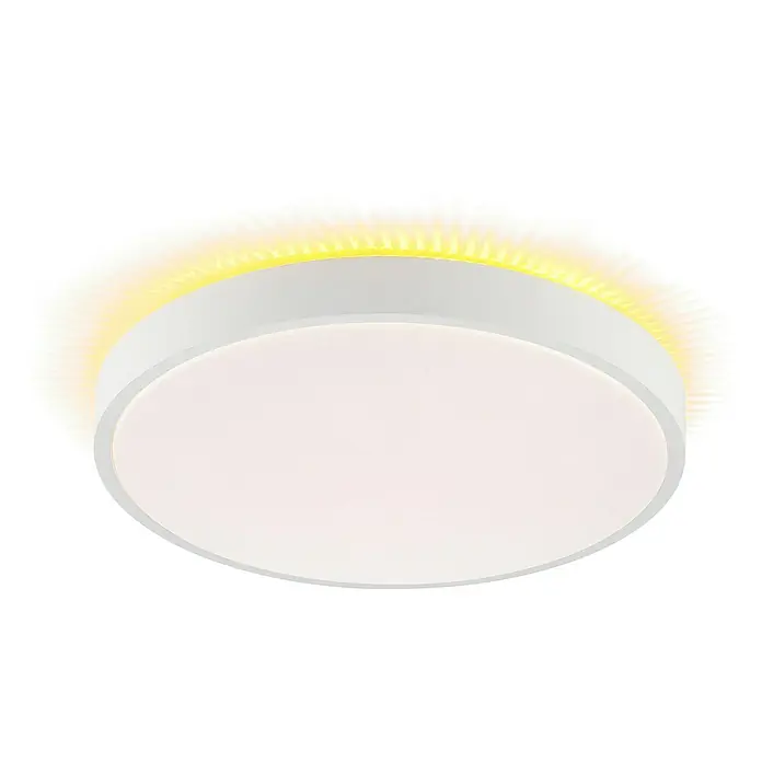 Brilliant LED-Deckenleuchte rund Solistra - 24 W, Ø x H: 44,5 x 9,5 cm, Weiß, Neutralweiß - Runde weiße LED-Deckenleuchte mit warmer gelber Hintergrundbeleuchtung und weißer Frontbeleuchtung.