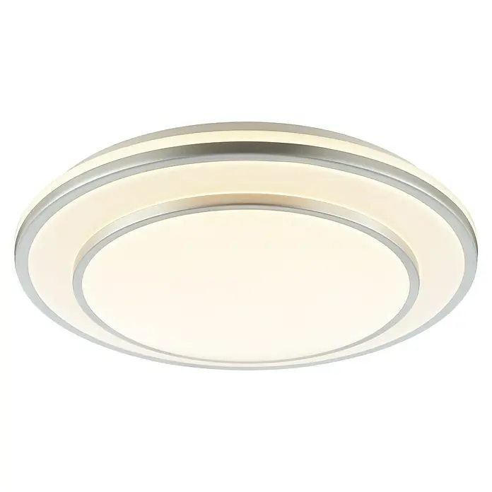 Brilliant LED-Deckenleuchte rund Luciano - 25 W, Ø x H: 39 x 7,8 cm, Weiß, Neutralweiß - Runde LED-Deckenleuchte mit silberfarbenem Rahmen und mehreren leuchtenden weißen Ringen für Umgebungsbeleuchtung.