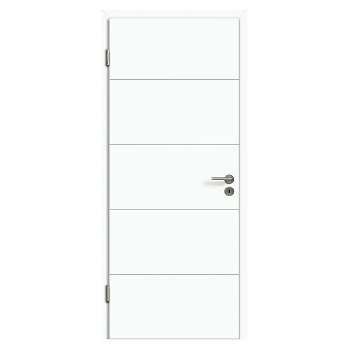 Kilsgaard Zimmertür 14/14 - 735 x 1.985 mm, DIN Anschlag: Links, Weiß lackiert, ähnlich RAL 9010, Röhrenspan, Weiße V-Fugen - Weiße moderne Tür mit horizontalen Rillen und einem Griff und Schloss aus gebürstetem Metall.