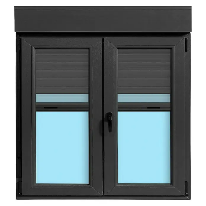 Ventana de PVC practicable-oscilobatiente - 105 x 118 cm, Derecha, Gris grafito, Con persiana de aluminio y mosquitera - Ventana doble gris oscuro con marco antracita y persiana gris parcialmente bajada.