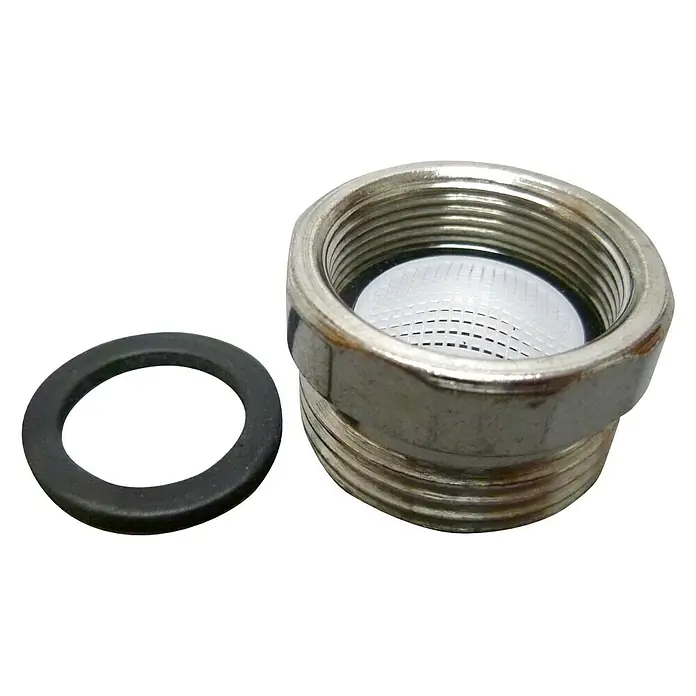 Adaptador para grifo macho - Rosca exterior: ¾″, Latón, Macho - Hembra - Primer plano de un adaptador de grifo con junta, metal brillante y anillo de sellado negro sobre fondo oscuro.