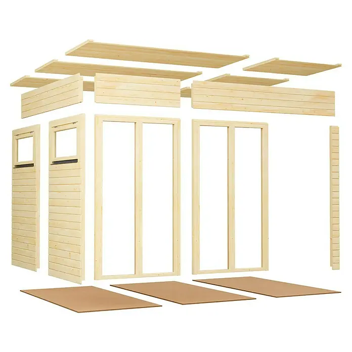 Bertilo Gartenhaus Cubus 3 - Außenmaß inkl. Dachüberstand (B x T): 559 x 240 cm, Holz, Anthrazitgrau - Zerlegter Bausatz für ein Holzgartenhaus, mit hellen Holzbrettern, gerahmten Fenster-/Türsektionen und braunen Bodenplatten.
