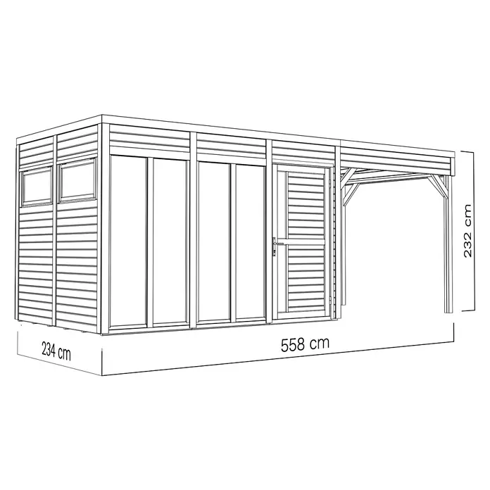 Bertilo Gartenhaus Cubus 3 - Außenmaß inkl. Dachüberstand (B x T): 559 x 240 cm, Holz, Anthrazitgrau - Holzerner Gartenschuppen mit Schiebetüren aus Glas, Seitenfenstern, Lamellentür und integriertem Carport.
