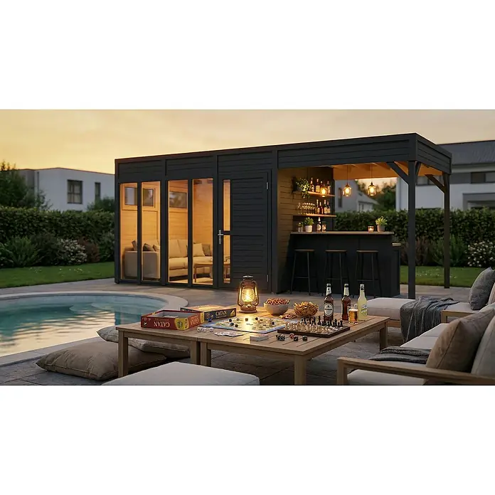 Bertilo Gartenhaus Cubus 3 - Außenmaß inkl. Dachüberstand (B x T): 559 x 240 cm, Holz, Anthrazitgrau - Modernes, dunkles Gartenhaus mit hölzernem Innenbereich und integrierter Bar, am Pool für Outdoor-Unterhaltung.