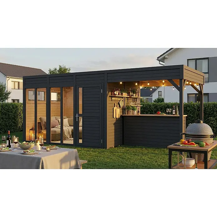 Bertilo Gartenhaus Cubus 3 - Außenmaß inkl. Dachüberstand (B x T): 559 x 240 cm, Holz, Anthrazitgrau - Dunkelgraues, modernes Gartenhaus mit integrierter Lounge, Bar und Grillbereich, ideal für Outdoor-Wohnen und Unterhaltung.