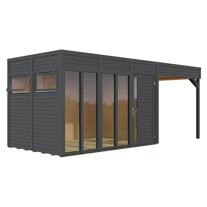 Bertilo Gartenhaus Cubus 3 - Außenmaß inkl. Dachüberstand (B x T): 559 x 240 cm, Holz, Anthrazitgrau - Dunkelgraues Gartenhaus aus Holz mit Glasschiebetüren, Fenstern und integriertem Seitenüberdach.