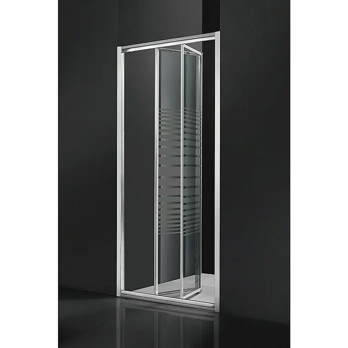 Mampara de ducha frontal Namdrik - An x Al: 90 x 195 cm, Vidrio serigrafiado, Plata - Cabina de ducha con puertas de vidrio plegables y rayas horizontales sobre fondo oscuro. Diseño elegante para baños modernos.