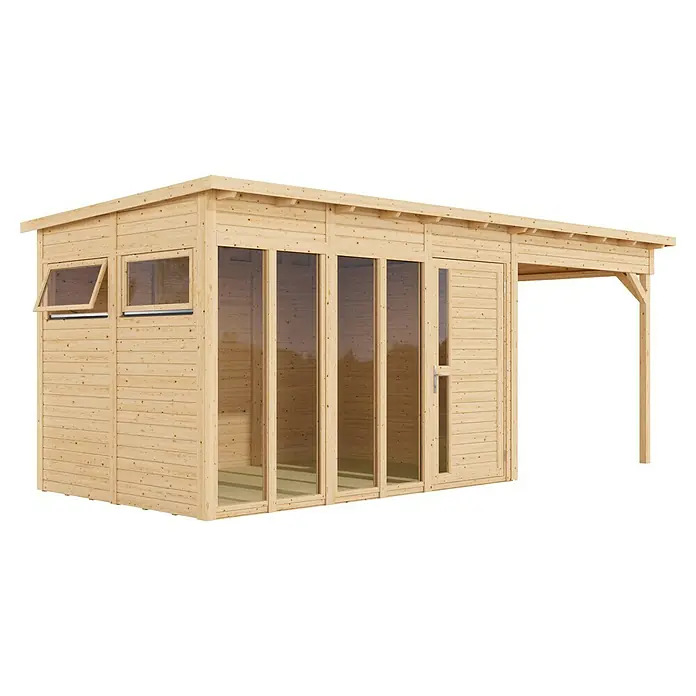 Bertilo Gartenhaus Pentus 3 - Außenmaß inkl. Dachüberstand (B x T): 582 x 266 cm, Holz, Natur - Helles Holzgartenhaus mit Fenstern, Glastüren und integriertem Vordach.
