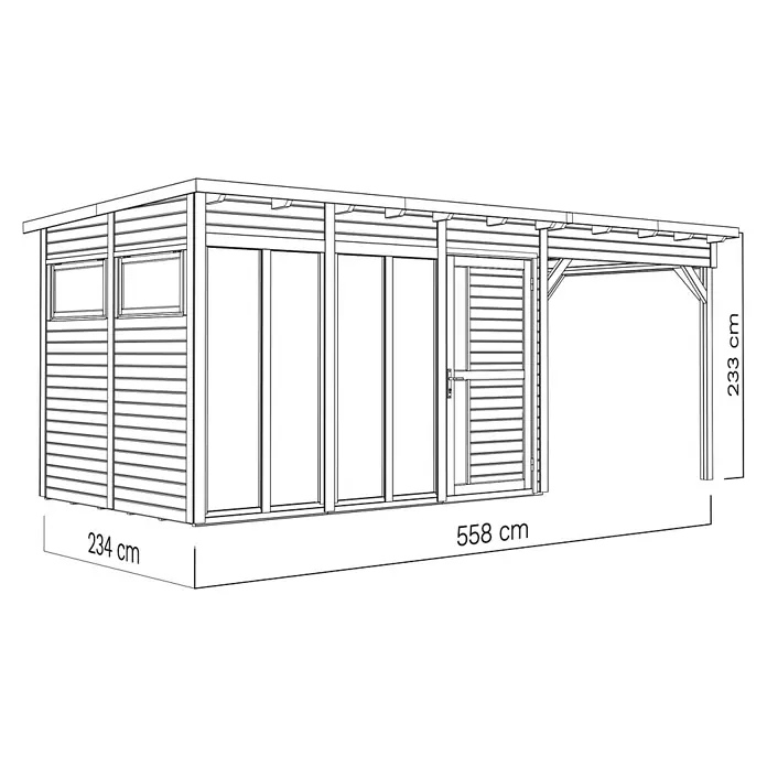 Bertilo Gartenhaus Pentus 3 - Außenmaß inkl. Dachüberstand (B x T): 582 x 266 cm, Holz, Natur - Holz-Gartenhaus mit integriertem Carport, Fenstern und Tür.