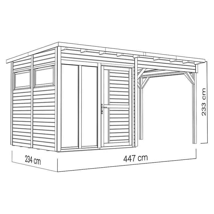 Bertilo Gartenhaus Pentus 2 - Außenmaß inkl. Dachüberstand (B x T): 470 x 266 cm, Holz, Anthrazitgrau - Holz-Gartenhaus mit integriertem Carport, Tür und zwei Fenstern. Maße: 234x447x233 cm.