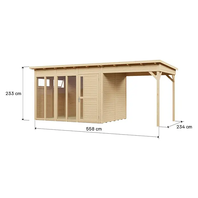 Bertilo Gartenhaus Pentus 3 - Außenmaß inkl. Dachüberstand (B x T): 582 x 266 cm, Holz, Natur - Gartenschuppen aus hellem Holz mit integriertem Carport, H: 233 cm, B: 558 cm, T Carport: 234 cm.