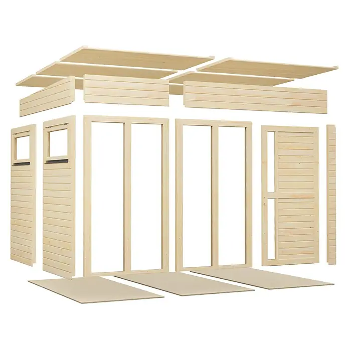 Bertilo Gartenhaus Pentus 3 - Außenmaß inkl. Dachüberstand (B x T): 582 x 266 cm, Holz, Natur - Zerlegte helle Holzkomponenten für ein Gartenhaus: Wände, Dachplatten, Türrahmen, montagefertig.