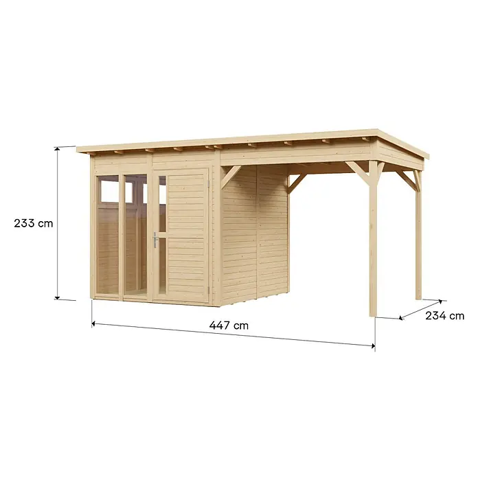 Bertilo Gartenhaus Pentus 2 - Außenmaß inkl. Dachüberstand (B x T): 470 x 266 cm, Holz, Natur - Gartenhaus aus hellem Holz mit integriertem Carport. Ideal für Lagerung und geschütztes Parken.