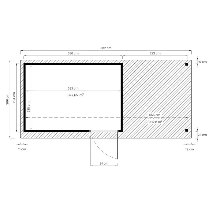 Bertilo Gartenhaus Pentus 3 - Außenmaß inkl. Dachüberstand (B x T): 582 x 266 cm, Holz, Natur - Grundriss mit Maßen in cm und Flächen in m² für einen Raum und angrenzenden Bereich, inklusive Tür.