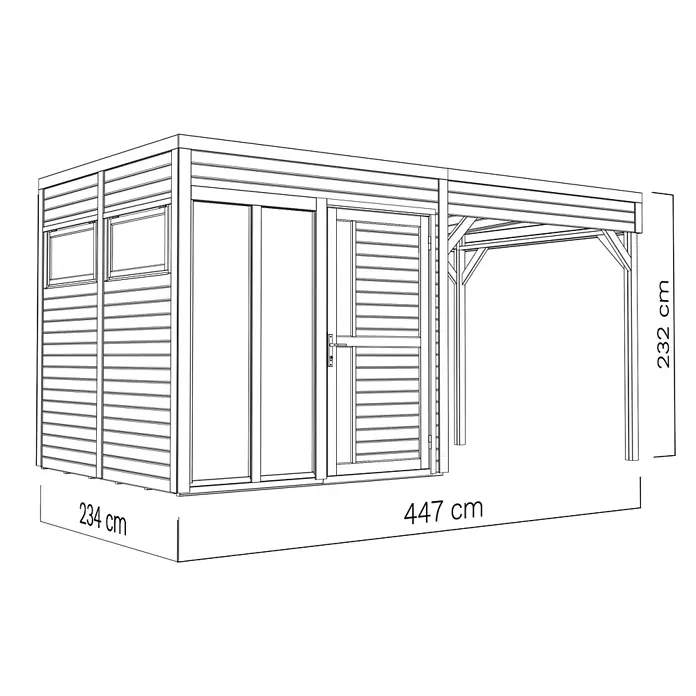 Bertilo Gartenhaus Cubus 2 - Außenmaß inkl. Dachüberstand (B x T): 449 x 240 cm, Holz, Natur - Strichzeichnung eines Gartenhauses mit angebautem Carport. Maße 447x234x232 cm (BxTxH).