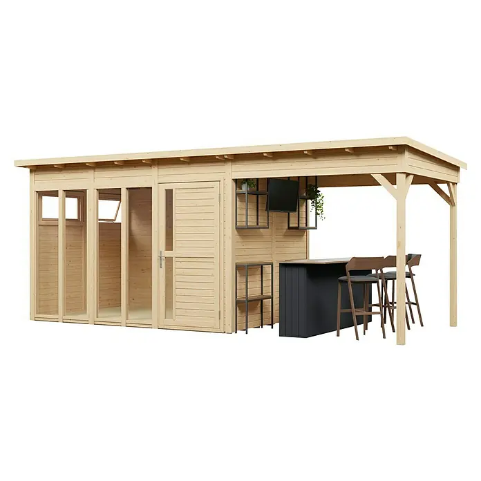 Bertilo Gartenhaus Pentus 3 - Außenmaß inkl. Dachüberstand (B x T): 582 x 266 cm, Holz, Natur - Hölzernes Gartenhaus mit integriertem Bar-Bereich, in Lattenholz-Design und Sitzgelegenheiten. Ideal für Outdoor-Unterhaltung und Lagerung.