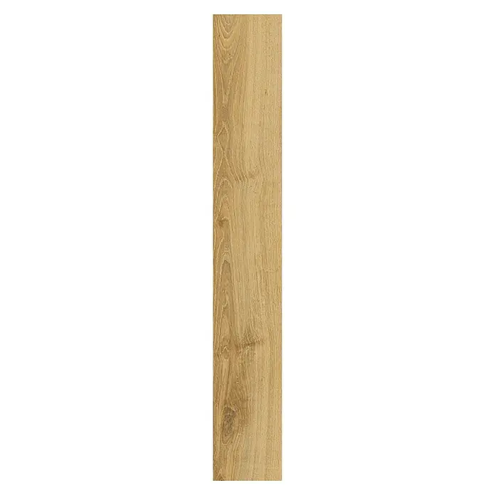 Laminado Fairwolf - 1.288 x 195 x 8 mm, Marrón, AC4 - Tabla de madera marrón claro con veta natural y nudo visible.