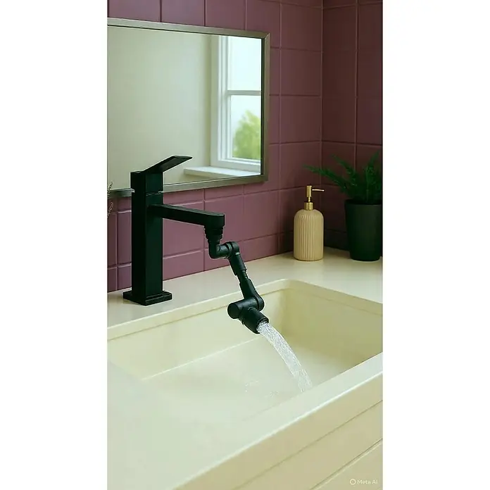 Rousseau Manguito de prolongación de tubería para grifo - Latón, Negro - Grifo negro moderno con brazo articulado flexible, dispensando agua en un lavabo claro de un baño.