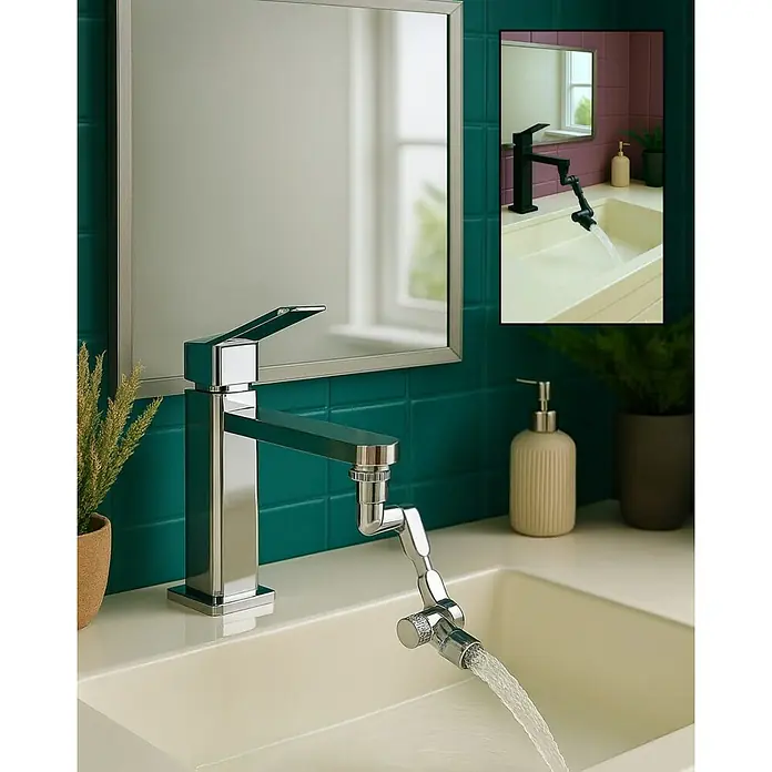 Rousseau Manguito de prolongación de tubería para grifo - Latón, Cromo - Grifo cromado con aireador flexible que rocía agua en un lavabo. El inserto muestra la versión negra.