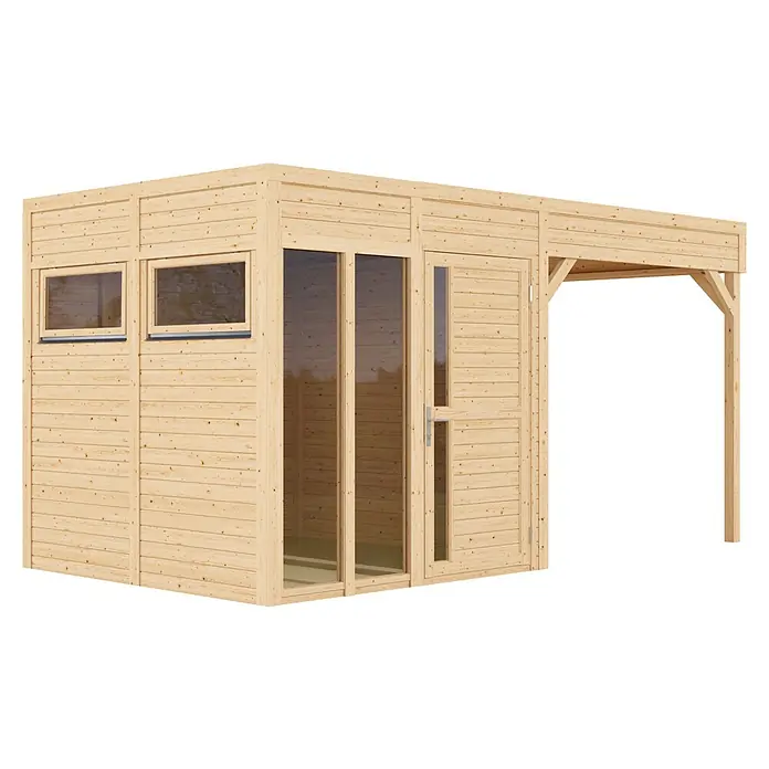Bertilo Gartenhaus Cubus 2 - Außenmaß inkl. Dachüberstand (B x T): 449 x 240 cm, Holz, Natur - Gartenhaus aus hellem Naturholz mit Fenstern, verglasten Türen und angebautem Carport.