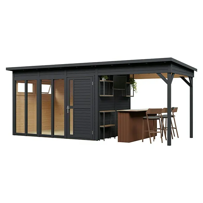 Bertilo Gartenhaus Pentus 3 - Außenmaß inkl. Dachüberstand (B x T): 582 x 266 cm, Holz, Anthrazitgrau - Moderner dunkelgrauer Gartenpavillon mit Naturholz-Interieur und integriertem Barbereich mit Barhockern.
