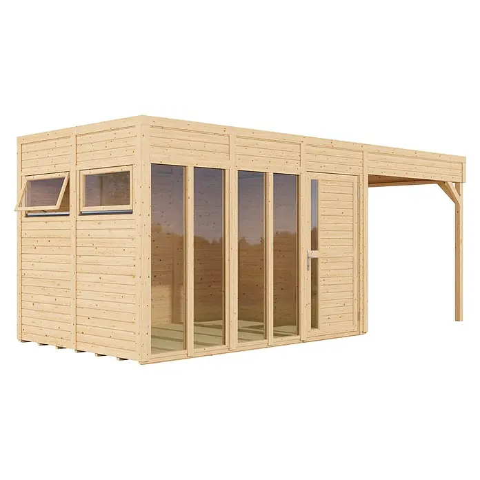 Bertilo Gartenhaus Cubus 3 - Außenmaß inkl. Dachüberstand (B x T): 559 x 240 cm, Holz, Natur - Hellholz Gartenhaus mit Glastüren, Fenstern und integriertem Seitenüberdach.