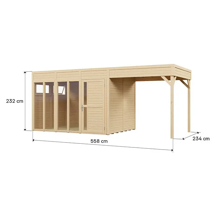 Bertilo Gartenhaus Cubus 3 - Außenmaß inkl. Dachüberstand (B x T): 559 x 240 cm, Holz, Natur - Heller Holzschuppen mit integriertem Carport, 232 cm hoch, 558 cm lang und 234 cm tief.