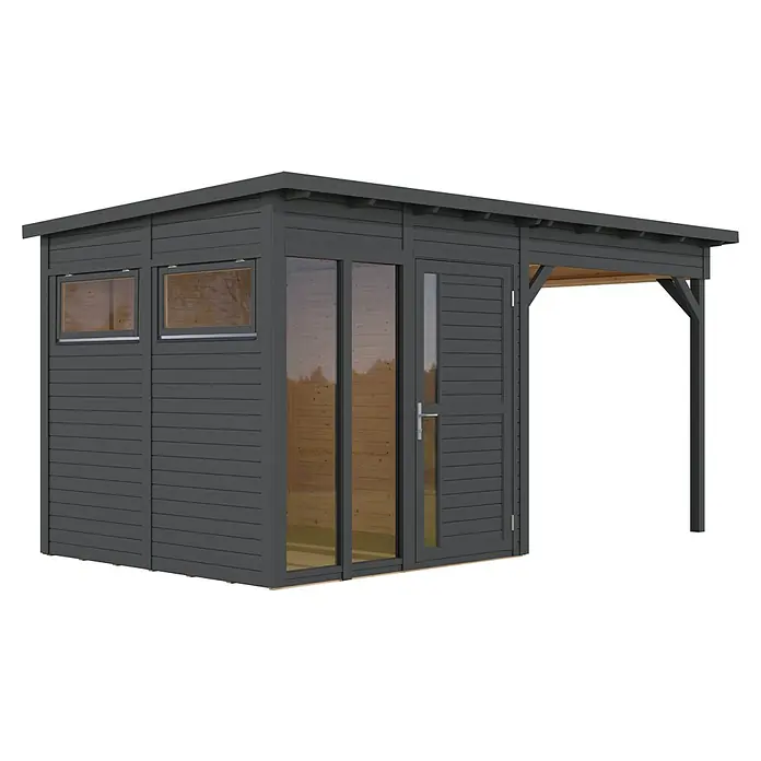 Bertilo Gartenhaus Pentus 2 - Außenmaß inkl. Dachüberstand (B x T): 470 x 266 cm, Holz, Anthrazitgrau - Moderner, dunkelgrauer Holzgartenpavillon mit Glastür, Fenstern und integriertem Vordach.