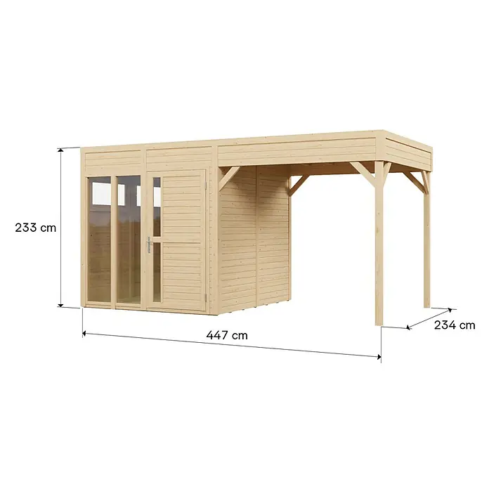 Bertilo Gartenhaus Cubus 2 - Außenmaß inkl. Dachüberstand (B x T): 449 x 240 cm, Holz, Natur - Heller Holz-Gartenschuppen mit Anbaucarport, 233 cm hoch, 447 cm lang, 234 cm tief.