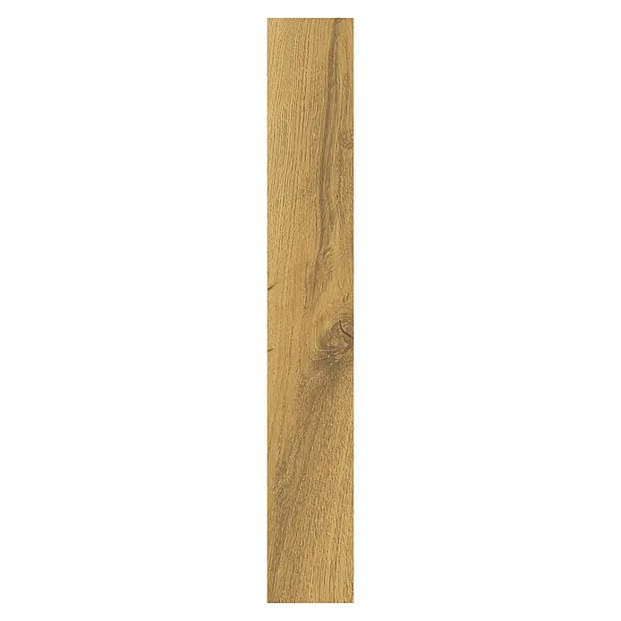 LOGOCLIC Laminado Roble Ravenna - 1.380 x 193 x 8 mm, Marrón, AC5 - Tabla de suelo de madera marrón dorado con veta natural y nudo visible.