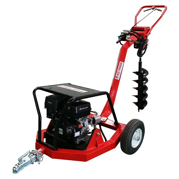 HZC Power Benzin-Erdbohrer BEB206 - Mit Hydraulik - Roter und schwarzer benzinbetriebener Erdbohrer mit großem Bohrer, Motor und Rädern.