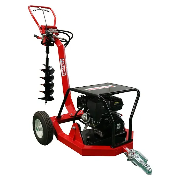 HZC Power Benzin-Erdbohrer BEB206 - Mit Hydraulik - Roter, tragbarer Erdbohrer mit schwarzem Motor und Bohrer, ausgestattet mit Rädern und einer Anhängerkupplung.