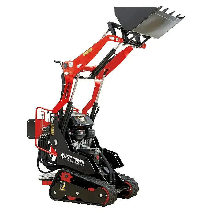 HZC Power Kompaktlader BKL200 - 6,3 kW, Traglast: 200 kg - Roter und schwarzer Mini-Raupenlader mit Frontschaufel.