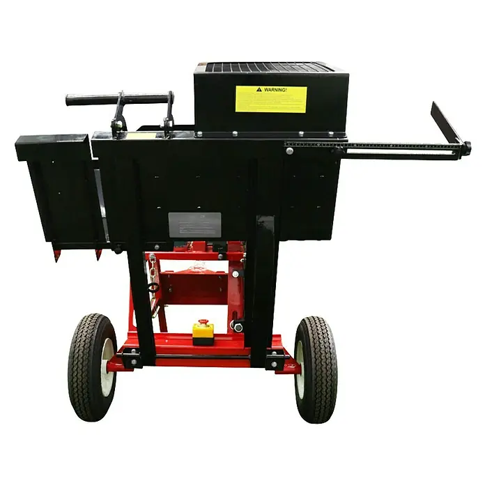 HZC Power Wippkreissäge WP1 - 15 PS, Durchmesser Sägeblatt: 700 mm - Rot-schwarzer mobiler Holzspalter mit schwarzem Gehäuse, rotem Gestell und verstellbarem Zuführmechanismus.