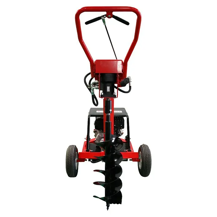 HZC Power Benzin-Erdbohrer BEB206 - Mit Hydraulik - Roter und schwarzer hydraulischer Erdbohrer mit Lenker, Rädern und einer großen Spiralschnecke.