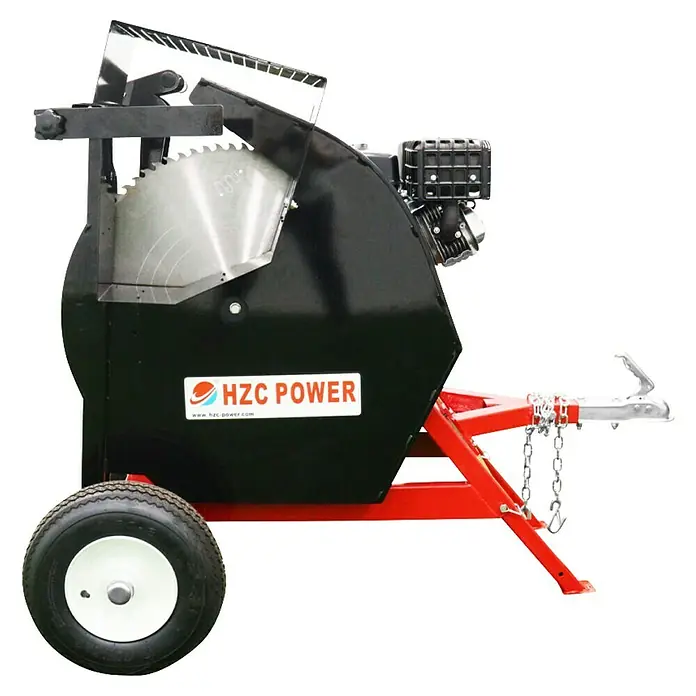 HZC Power Wippkreissäge WP1 - 15 PS, Durchmesser Sägeblatt: 700 mm - Mobile Wippsäge mit schwarzem Gehäuse, rotem Rahmen und großem silbernem Sägeblatt zum Brennholzsägen.