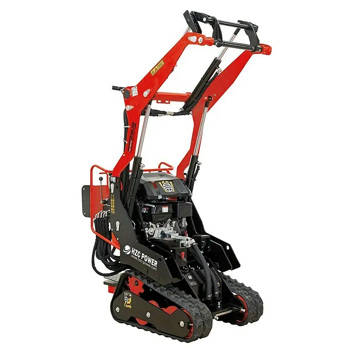 HZC Power Kompaktlader BKL200 - 6,3 kW, Traglast: 200 kg - Roter und schwarzer Mini-Raupenlader mit freiliegendem Motor und hydraulischen Armen.