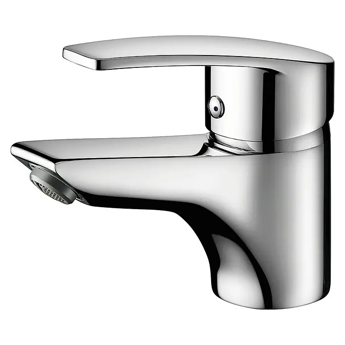 Cosmobath Bailey Grifo de lavabo - Cromo, Brillante - Primer plano de un elegante grifo de baño cromado con un diseño moderno y líneas limpias.