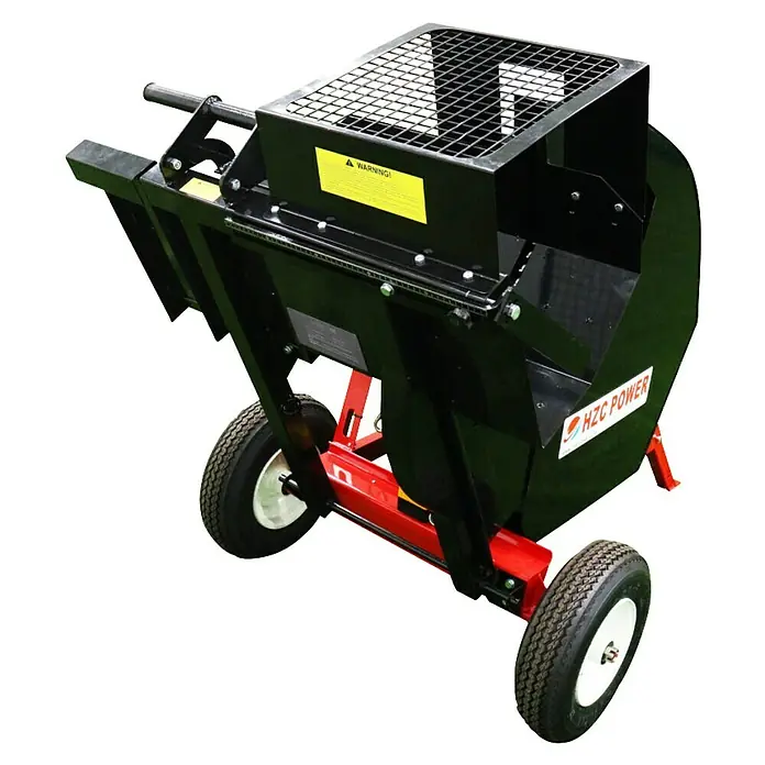 HZC Power Wippkreissäge WP1 - 15 PS, Durchmesser Sägeblatt: 700 mm - Mobile schwarze und rote Outdoor-Verarbeitungsmaschine mit oben beladbarer Trichter, Schutzgitter, Rädern und Griff.