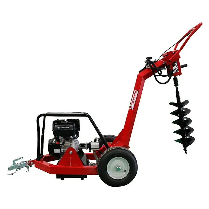 HZC Power Benzin-Erdbohrer BEB206 - Mit Hydraulik - Roter, fahrbarer Erdbohrer mit schwarzem Motor und großem Spiralbohrer.