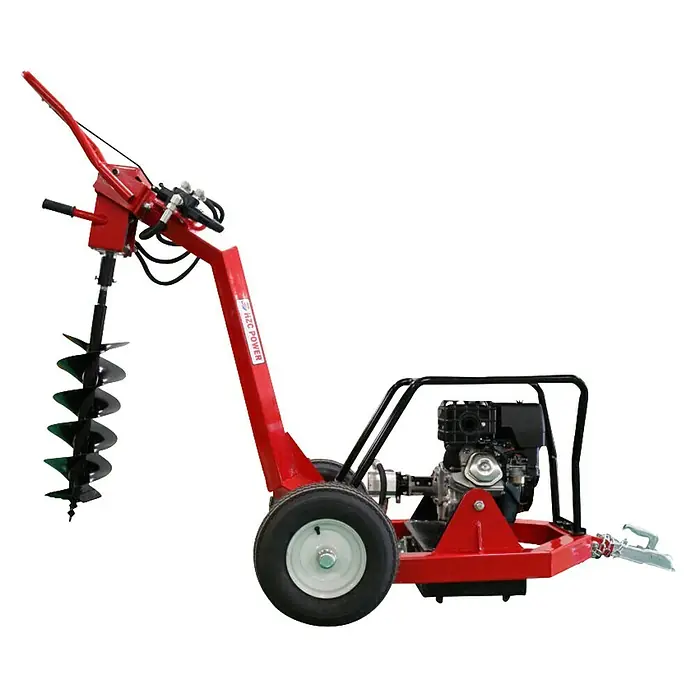 HZC Power Benzin-Erdbohrer BEB206 - Mit Hydraulik - Roter, anhängbarer Erdbohrer mit schwarzem Motor, Schnecke und Rädern, zum Graben von Löchern.