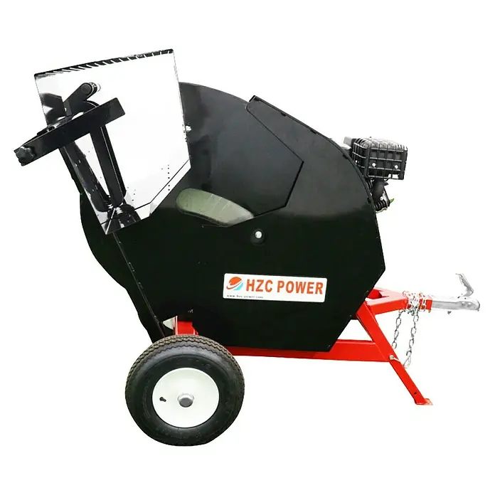 HZC Power Wippkreissäge WP1 - 15 PS, Durchmesser Sägeblatt: 700 mm - Tragbarer schwarz-weißer HZC POWER Holzschredder mit rotem Rahmen und Rädern, bereit zum Ziehen.