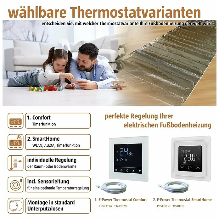 Admiral Fußbodenheizung Top-Power Select - L x B: 4 x 0,5 m, Beheizbare Fläche: 2 m², 160 W - Zwei weiße digitale E-Power Thermostate (Comfort und SmartHome Modelle) mit Temperatur- und Zeitanzeige, inkl. Sensorkabel, für elektrische Fußbodenheizung.