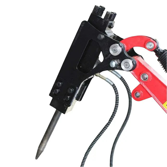 HZC Power Hydraulikhammer HSH5000 - Mit Hydraulik, Passend für: HZC Power Minibagger - Schwarzer und roter Hydraulikhammer-Anbau mit Meißelspitze und Hydraulikschläuchen.