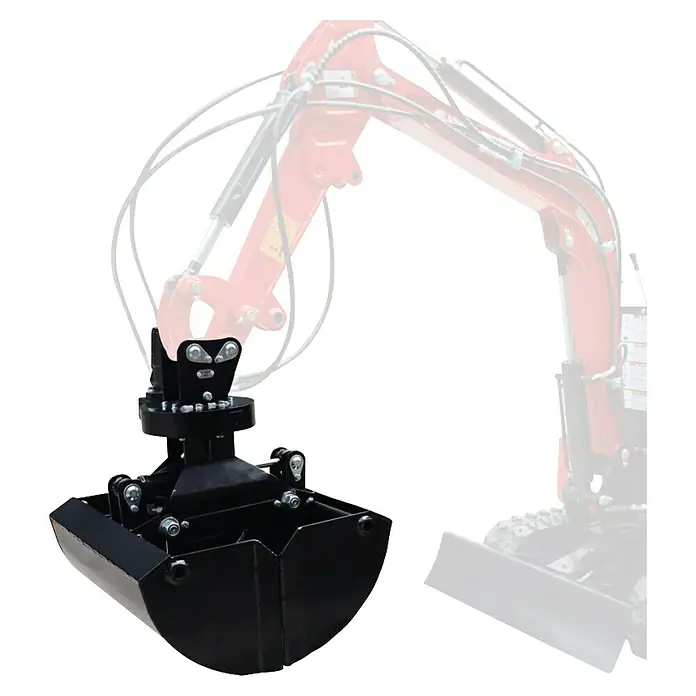 HZC Power Erdgreifer HE360 - Mit Hydraulik, Passend für: HZC Power Minibagger (wenige Ausnahmen, siehe Text) - Schwarze Metall-Baggerschaufel mit Rotator-Mechanismus, bereit zur Anbringung an Baumaschinen.
